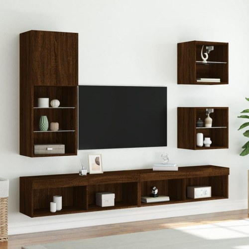 Væghængt tv-bord med LED-lys 40,5x30x102 cm - brun egetræsfarve