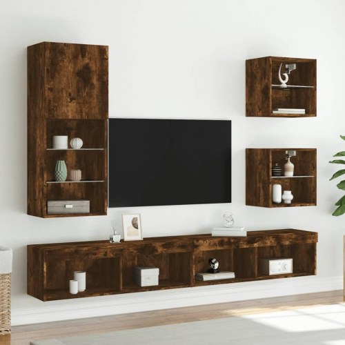 Væghængt tv-bord med RGB LED-lys - 40,5×30×102 cm, røget egetræsfarve