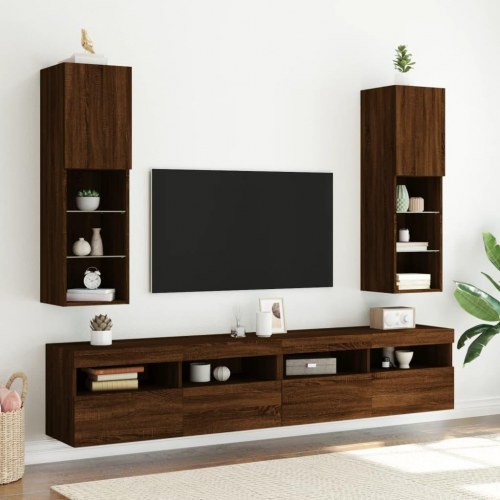 Væghængt tv-bord med RGB LED-lys 30,5×30×102 cm - brun egetræsfarve