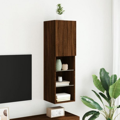Væghængt tv-bord med RGB LED-lys 30,5×30×102 cm - brun egetræsfarve