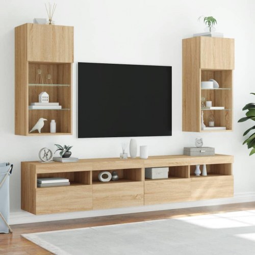 Væghængt tv-bord med LED-lys 40,5×30×90 cm - sonoma-eg