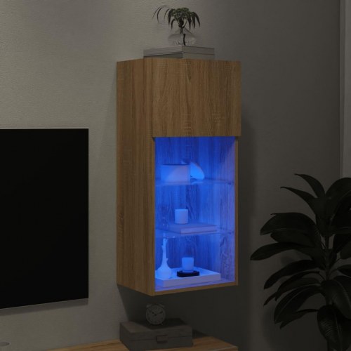Væghængt tv-bord med LED-lys 40,5×30×90 cm - sonoma-eg