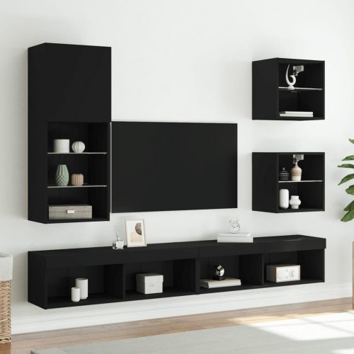 Væghængt tv-bord med LED-lys - 40,5 × 30 × 102 cm - sort