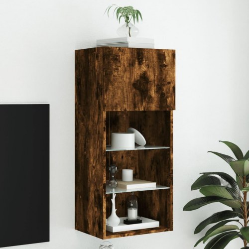 Væghængt tv-bord med LED-lys 40,5×30×90 cm - røget egetræsfarve