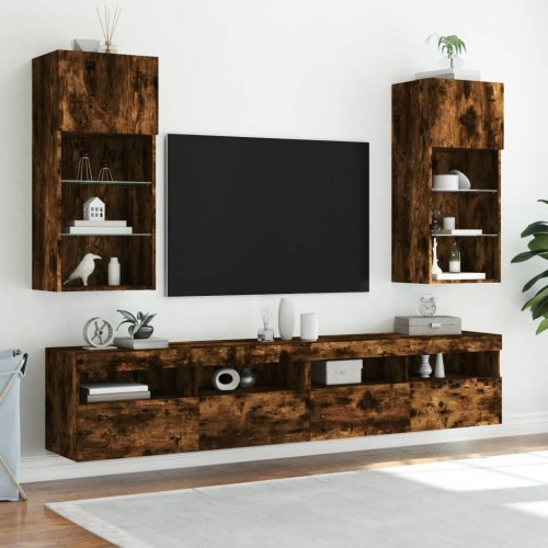 Væghængt tv-bord med LED-lys 40,5×30×90 cm - røget egetræsfarve
