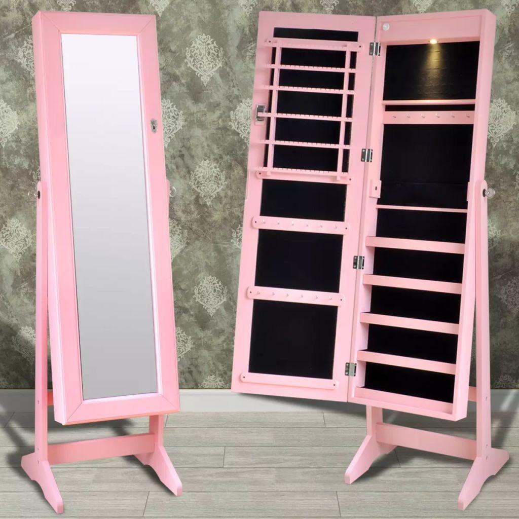 Pink fritstående smykkeskab med LED lys og spejldør