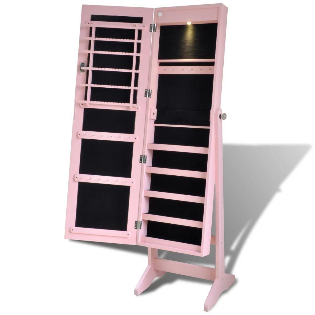 Pink fritstående smykkeskab med LED lys og spejldør