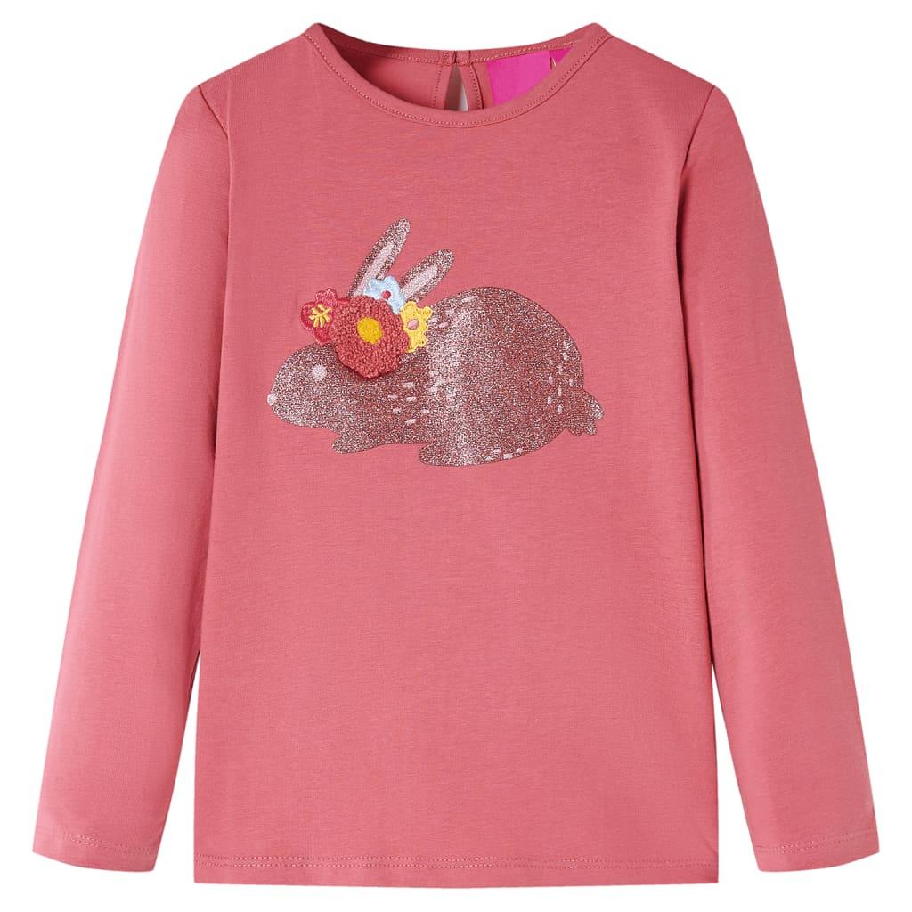 Langærmet T-shirt til børn str. 140 - gammelrosa med glitrende kanin billede