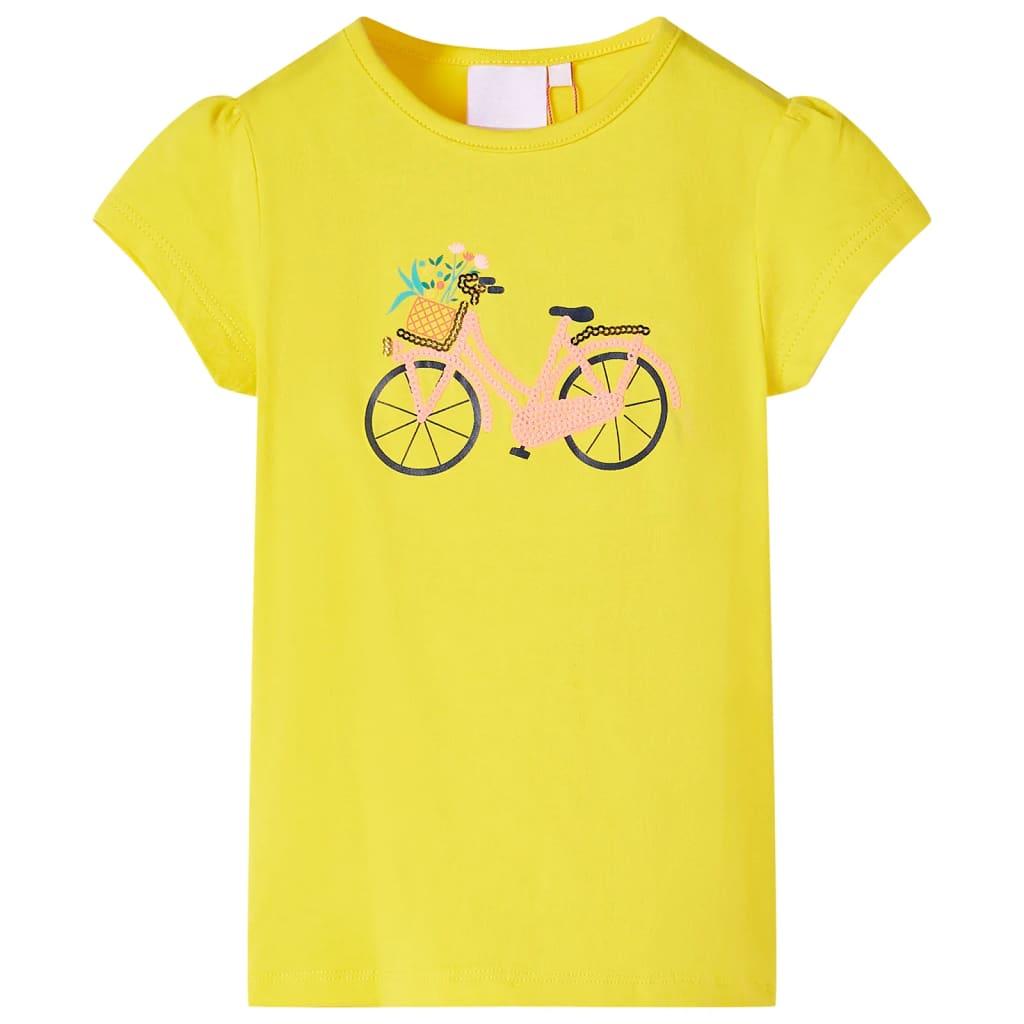 T-shirt til børn str. 116 - gul med cykelprint billede