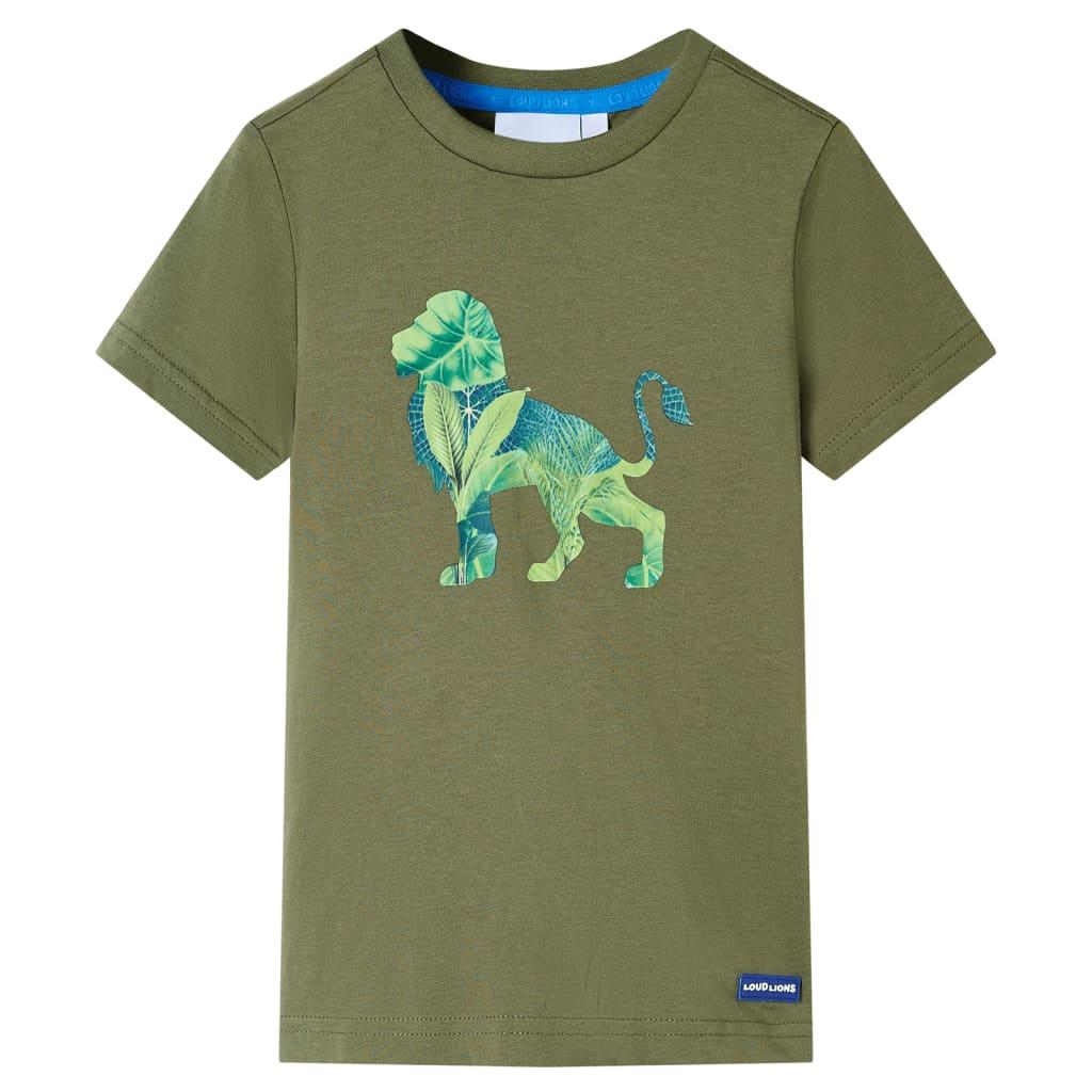T-shirt til børn str. 140 - kakifarvet med løveprint billede