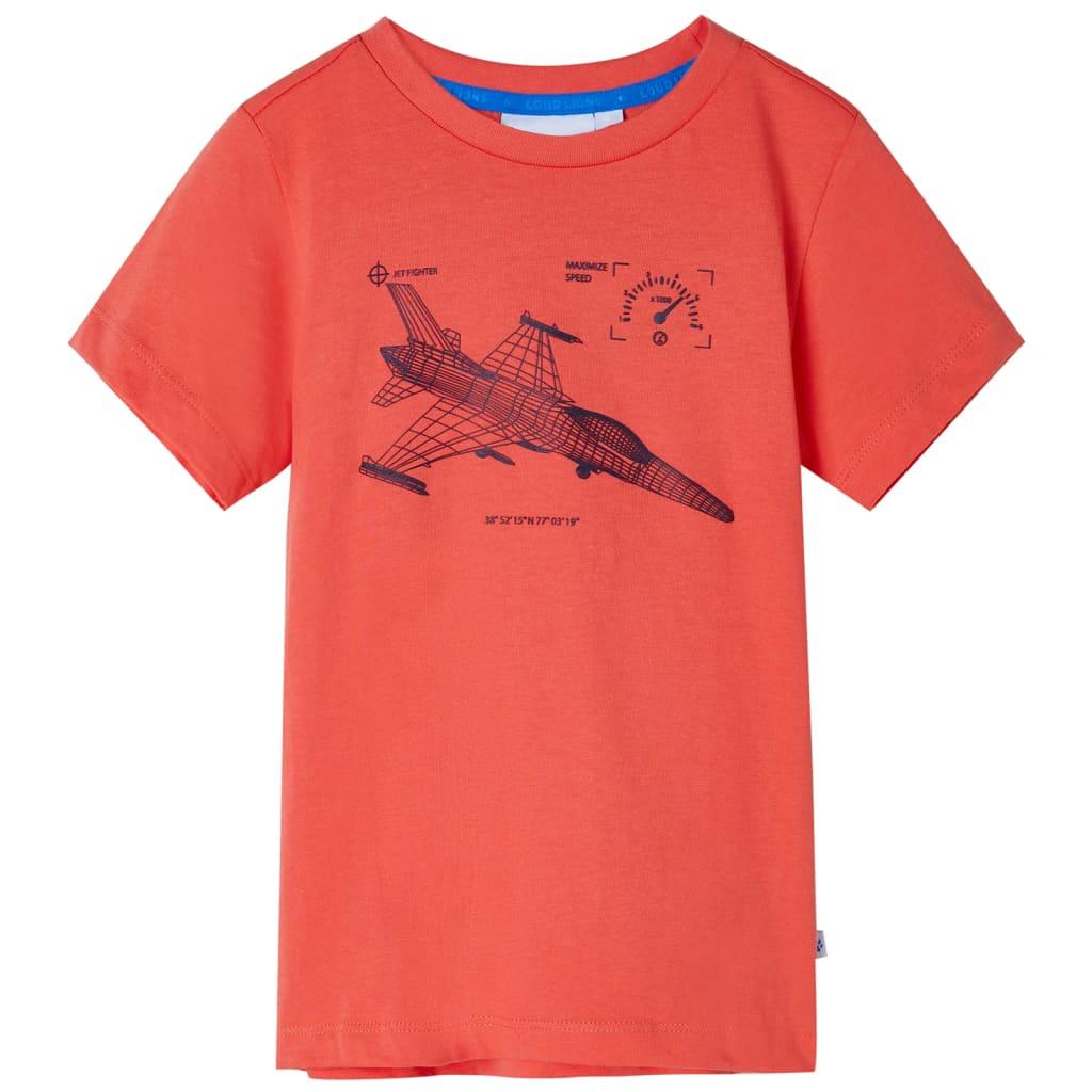 T-shirt til børn - rød, str. 140, kortærmet med jetjager-print billede