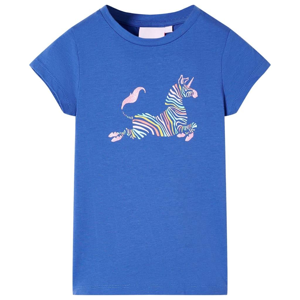 T-shirt til børn str. 116 - koboltblå med enhjørning billede