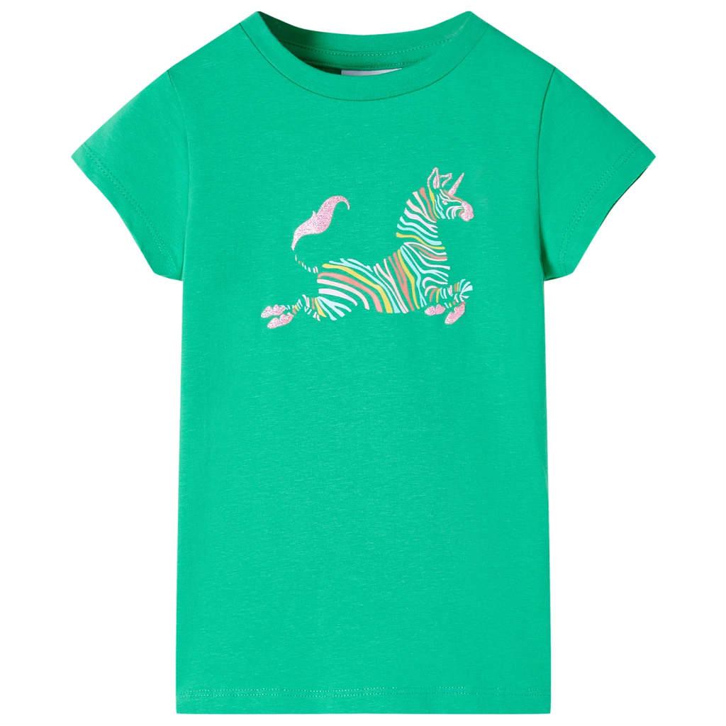 Kortærmet T-shirt til børn str. 140 - grøn med enhjørning billede