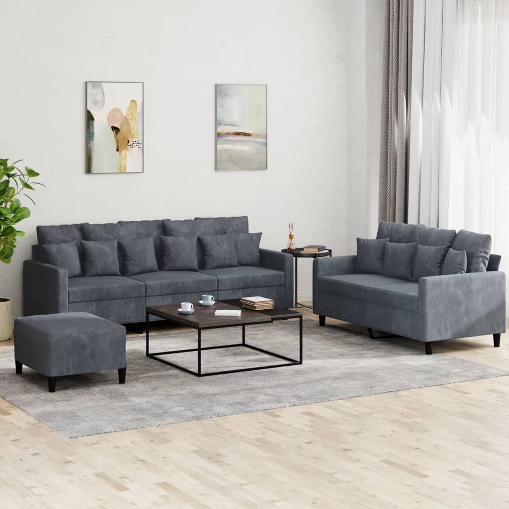 3 personers sofa med hynder velour mørkegrå