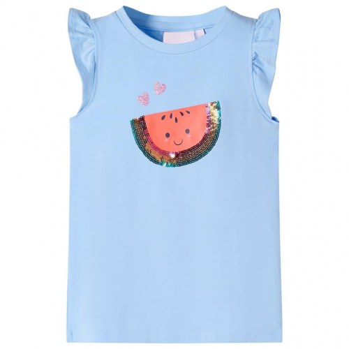 T-shirt til børn str. 140 med flæser - lyseblå med vandmelon