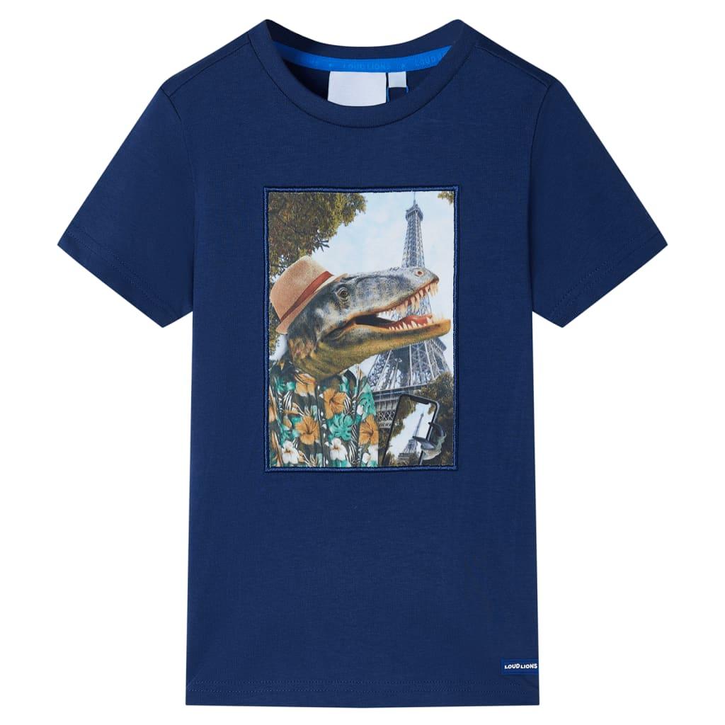 T-shirt til børn str. 116 - mørkeblå, 100 % bomuld med dinosaur-motiv billede