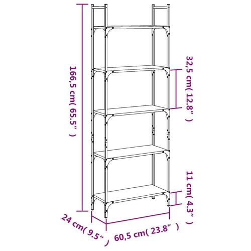 Bogreol med 5 hylder 60,5x24x166,5 cm konstrueret træ sort