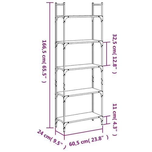 Bogreol 60,5x24x166,5 cm 4 hylder konstrueret træ røget eg