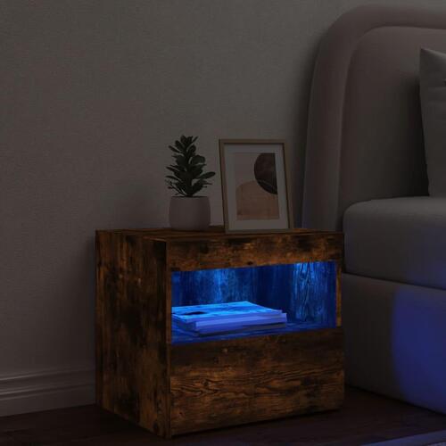 Sengebord med LED-lys 50x40x45 cm røget egetræsfarve