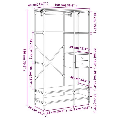 Klædeskab med skuffer 100x40x180 cm konstrueret træ sonoma-eg