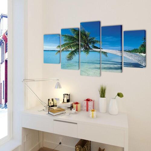 Kanvasbilledsæt sandstrand med palmetræ 100 x 50 cm