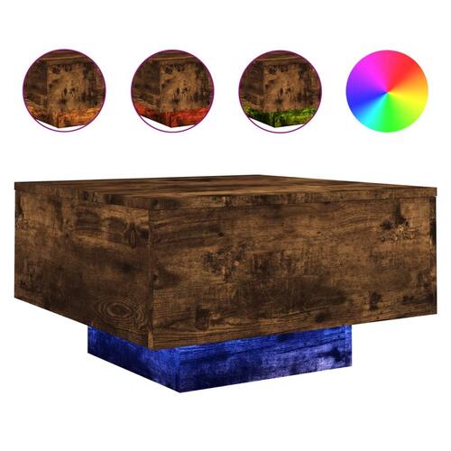 Sofabord med LED-lys 55x55x31 cm røget egetræsfarve