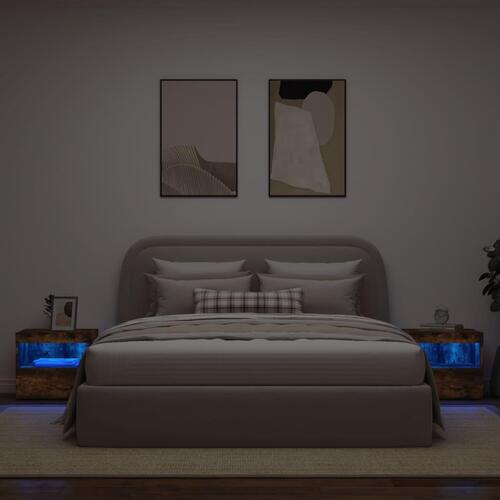 Sengeborde 2 stk. med LED-lys 50x40x45 cm røget egetræsfarve