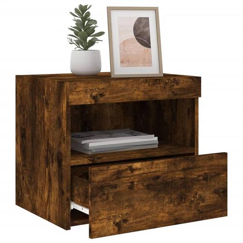 Sengeborde 2 stk. med LED-lys 50x40x45 cm røget egetræsfarve