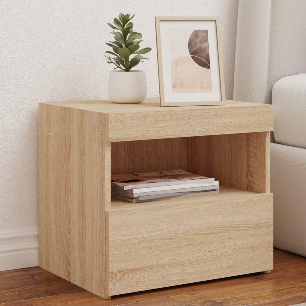 Sengeborde 2 stk. med LED-lys 50x40x45 cm sonoma-eg