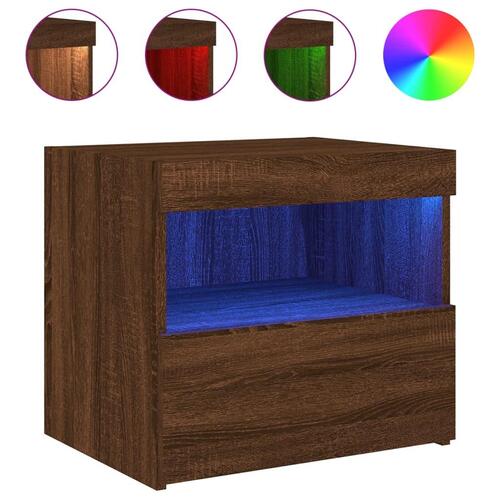 Sengebord med LED-lys 50x40x45 cm brun egetræsfarve