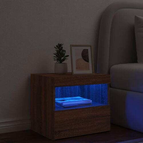 Sengebord med LED-lys 50x40x45 cm brun egetræsfarve