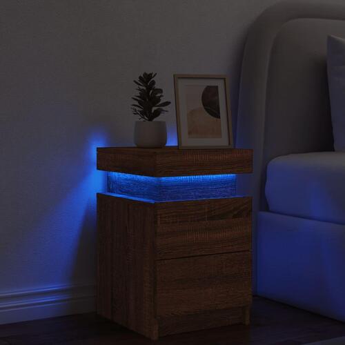 Sengebord med LED-lys 35x39x55 cm brun egetræsfarve