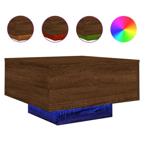 Sofabord med LED-lys 55x55x31 cm brun egetræsfarve