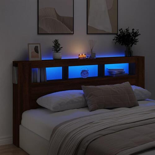 Sengegavl m. LED-lys 200x18,5x103,5 cm konstrueret træ brunt eg
