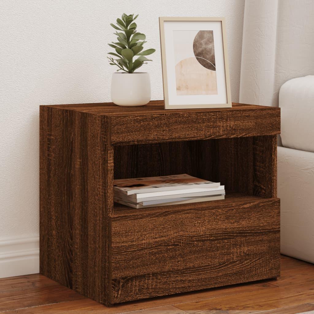 Sengeborde 2 stk. med LED-lys 50x40x45 cm brun egetræsfarve