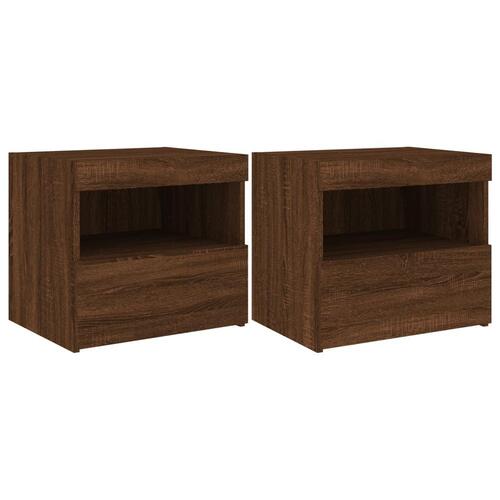 Sengeborde 2 stk. med LED-lys 50x40x45 cm brun egetræsfarve