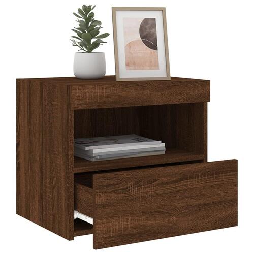 Sengeborde 2 stk. med LED-lys 50x40x45 cm brun egetræsfarve