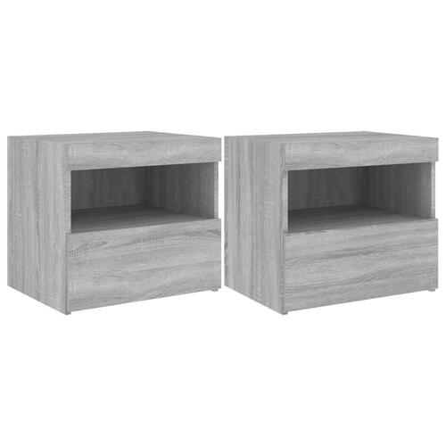 Sengeborde 2 stk. med LED-lys 50x40x45 cm grå sonoma-eg