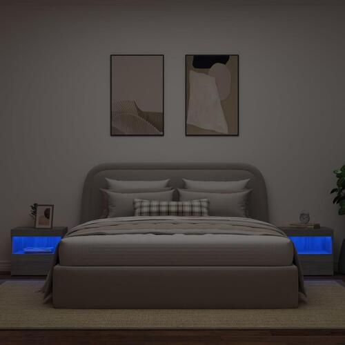Sengeborde 2 stk. med LED-lys 50x40x45 cm grå sonoma-eg