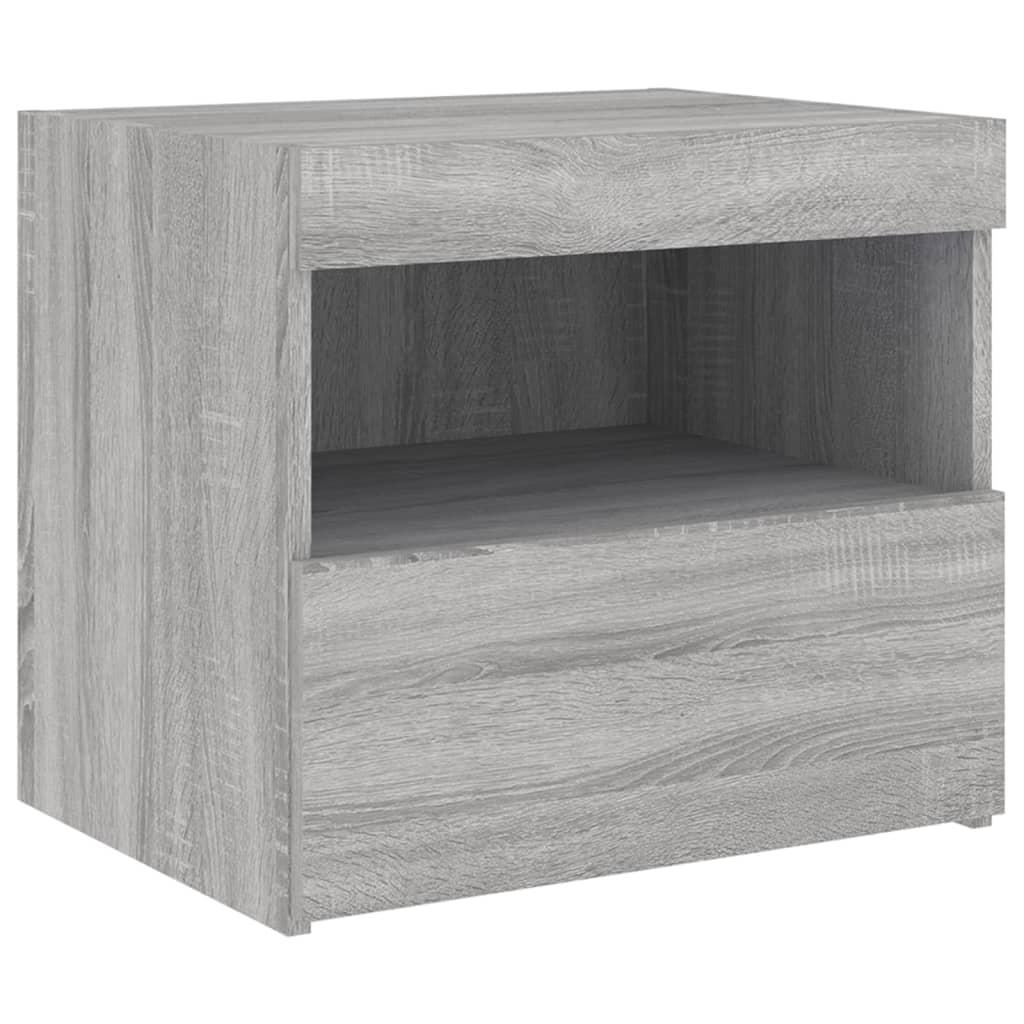 Sengeborde 2 stk. med LED-lys 50x40x45 cm grå sonoma-eg