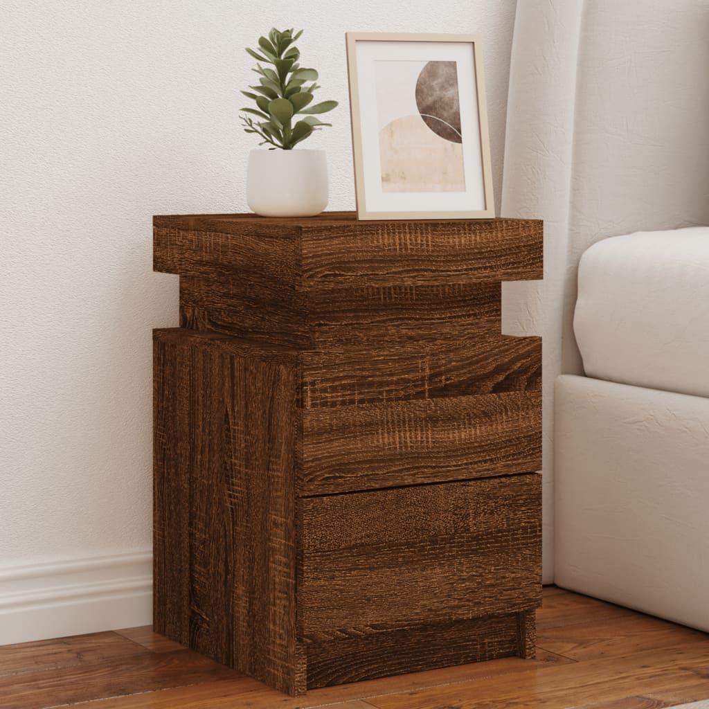 Sengeborde 2 stk. med LED-lys 35x39x55 cm brun egetræsfarve