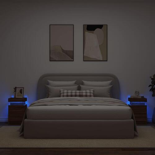 Sengeborde 2 stk. med LED-lys 35x39x55 cm brun egetræsfarve