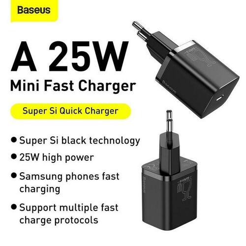 Baseus Super Si vægoplader 25 W med USB‑C kabel - Sort