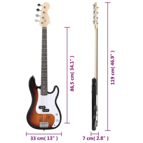 Elektrisk basguitar til begyndere med taske 4/4 46" - gradueret sort/brun/hvid