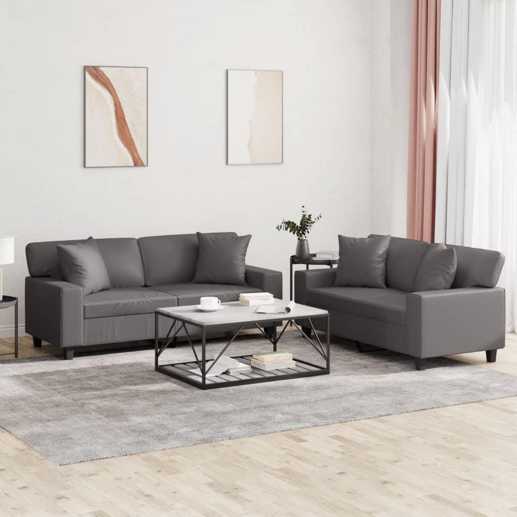2 personers sofa med puder kunstlæder grå