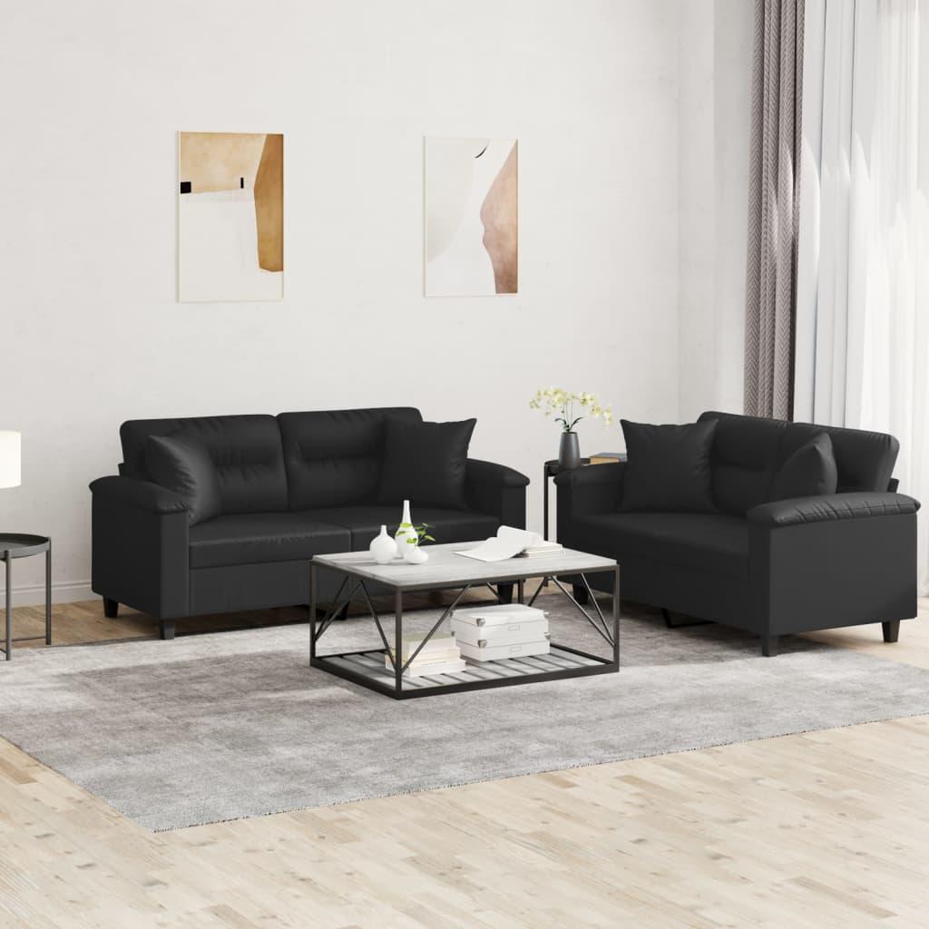 2 personers sofa med puder kunstlæder sort