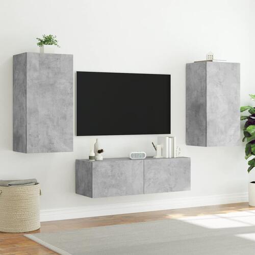 Tv-møbel til væg 3 dele med LED-lys betongrå
