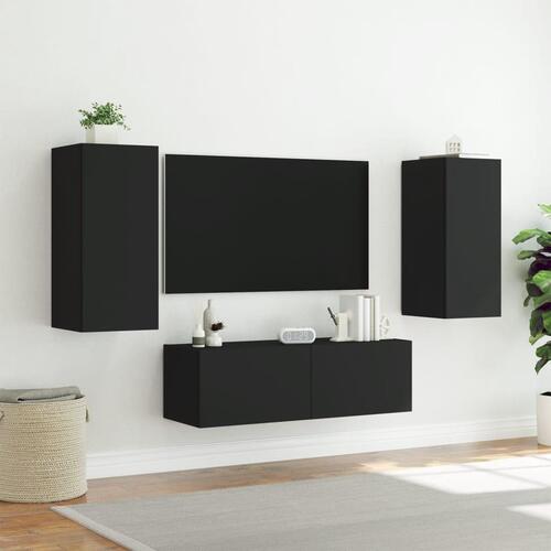 Væghængt tv-møbel 3 dele med LED-lys sort