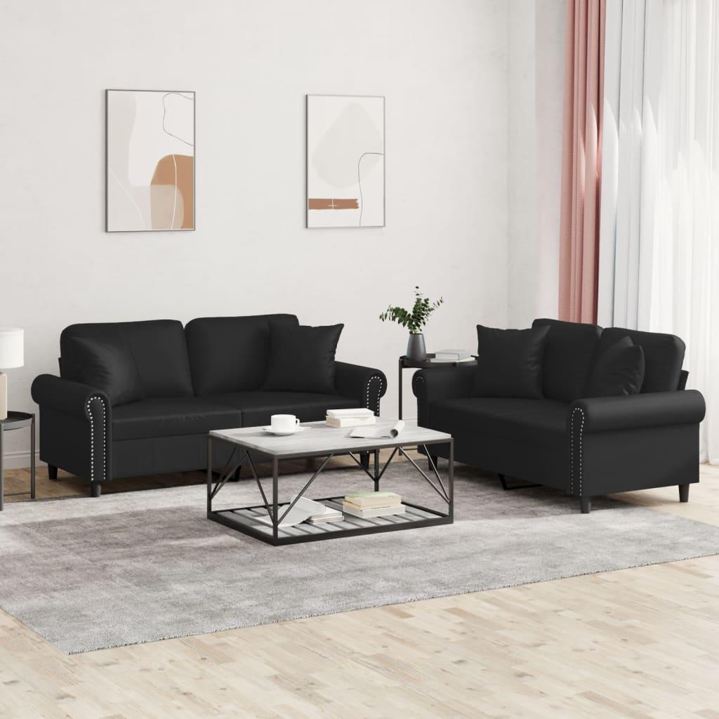2 personers sofa med puder kunstlæder sort