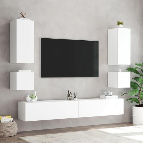 Tv-møbel til væg 6 dele med LED-lys konstrueret træ hvid
